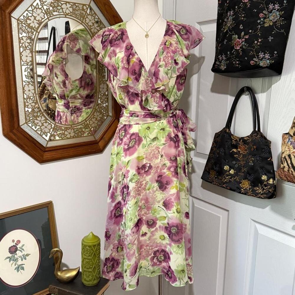 VTG Y2K Karin Stevens Green, Purple & Pink Floral Ruffle V Neck Dress Waist Ties